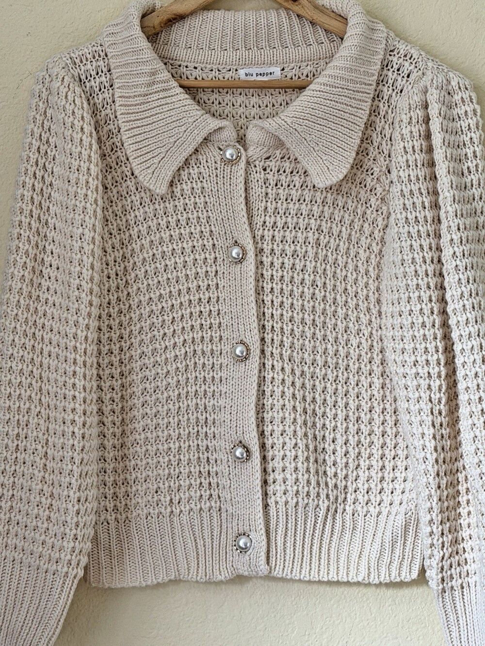 Blu Pepper Womens L Cream Open Knit Cardigan Pearl Button Collared Sweater